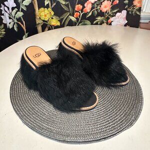 NWOB - UGG Rosa Fluff Heels Black Toscana Lamb Fur Heeled Mules Clogs NWT - US 7